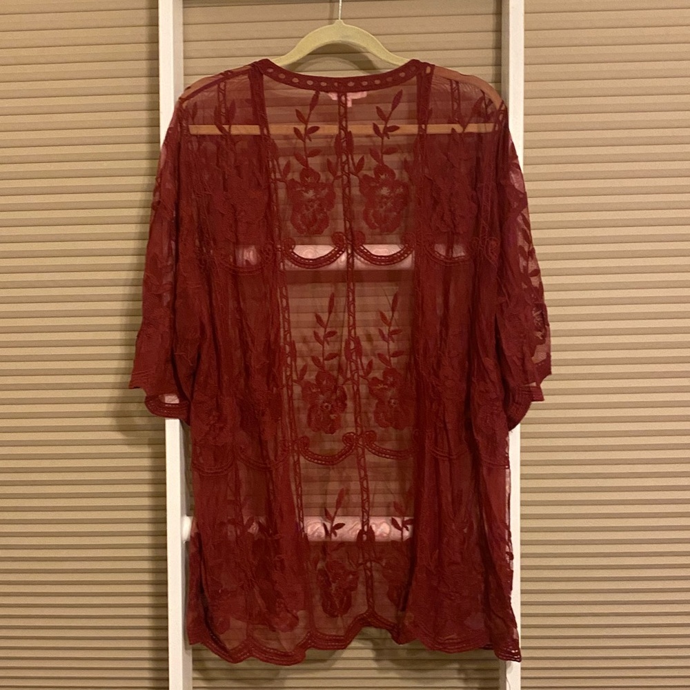 Honey Belle Burgundy Lace Kimono Medium Sheer Floral Boho Layering Top - Picture 4 of 5